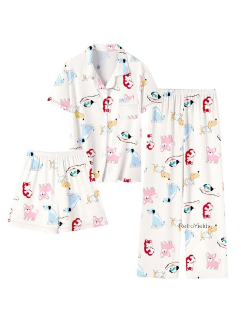 Girls Lyocell 3 Piece Pajama Set Button Down PJs Short Sleeve Loungewear